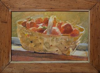 MN (American), "Still Life of Creole Tomatoes in a Basket," 1980, oil on board, signed and dated lower right, presented in a wood frame, H.- 11 in., W