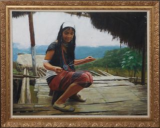 Burmese School, "Portrait of a Young Girl Threading," 1992, oil on canvas, signed indistinctly and dated lower right, presented in a gilt frame, H.- 2