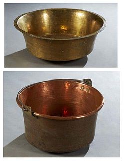 Two Large Pieces of French Cookware, 19th c., consisting of a copper pot with a folding iron handle and a large brass pot with an everted rim, Copper-