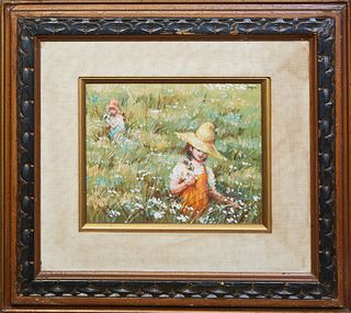 American School, "Girls Picking Flowers in the Field," 20th c., oil on board, signed "Joyce" upper right, presented in wood frame, H.- 7 1/2 in., W.- 