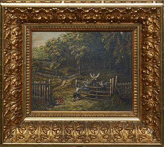 American School, "Children Playing on the Fence," 19th c., oil on canvas, unsigned, presented in a gilt and gesso frame, H.- 7 1/2 in., W.- 9 1/2 in.,
