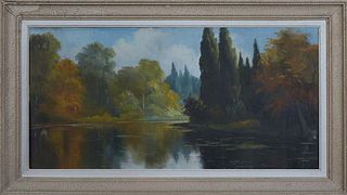 Continental School, "Landscape View with a Lake," 20th c., oil on canvas, signed indistinctly lower left, presented in a textured frame, H.- 19 1/8 in
