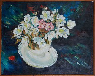 Continental School, "Floral Still Life," 1984, oil on canvas, signed indistinctly and dated lower right, presented in a wood frame, H.- 25 in., W.- 31