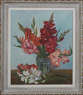 Continental School, "Floral Still Life," 1955, oil on canvas, signed indistinctly "Bonnet" and dated lower right, presented in a painted wood frame, H