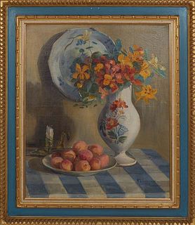 H. L. Lusseau (French), "Floral Still Life with Apricots," 1923, oil on canvas, signed and dated lower right, presented in a gilt and blue mirror, H.-