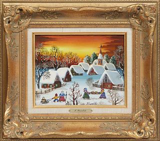 A. Kowalski (1926-, Hungary), "Winter Village Scene," 20th c., acrylic on panel, signed on bottom, presented in a linen mat and gilt frame, with an ar