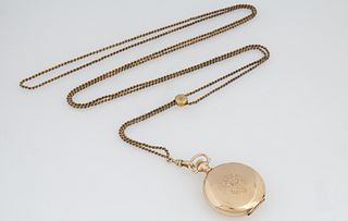 Waltham Lady's Gold Filled Hunting Pocket Watch, c. 1909, Serial # 17762599, size 0s, running; together with a 14K yellow gold watch chain, with a cir