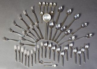 Two French Cased Sets of Silverplated Flatware, 20th c., one dessert set with 9 forks and 11 teaspoons; together with a hostess set with a large ladle