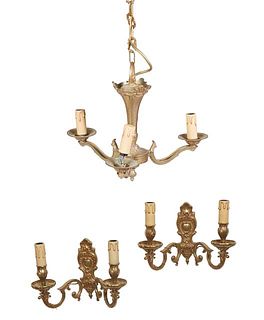 French Gilt Bronze Louis XV Style Three Light Chandelier, 20th c., the tapered support to a bottom platform issuing three candle arms, surface wired, 