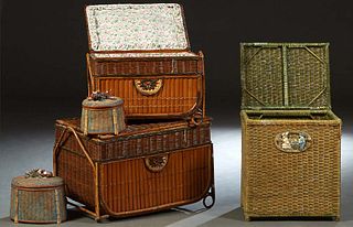 Group of Three French Provincial Bent Bamboo Woven Wicker Hampers, early 20th c., together with seven woven wicker and bamboo covered sewing baskets, 