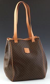 Celine Vintage Shopping Tote, in brown Macadam coated canvas with light brown leather accents and gold hardware, opening to a light brown coated leath