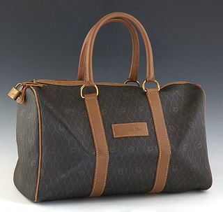 Dior Boston Handbag, dark brown Honeycomb coated canvas with brown leather accents and brass hardware, opening to a brown canvas lined interior and si