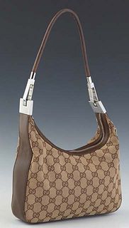 Gucci Small Hobo Shoulder Bag, in beige monogram canvas with brown leather accents and silver hardware, opening to a grey canvas lined interior with a