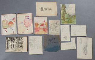 Marcelle Martinet Peret (1898-1973, New Orleans), Group of 12 Sketches, 20th c., consisting of four pencil figure studies; four pencil landscapes; a c