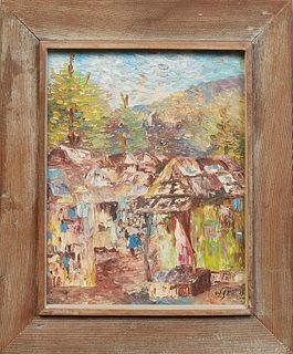 South American School, "Village Scene," 20th c., signed indistinctly lower right, presented in a wood frame, H.- 13 1/4 in., W.- 10 1/4 in., Framed H.