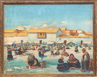 South American School, "Market Scene," 20th c., acrylic on canvas, initialed indistinctly lower right, with an illegible inscription lower left that h