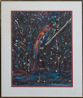 Al Dell'Isola (Louisiana), "Tropical Brilliance," 20th c., acrylic on batik, signed lower right, with an artist card en verso, titled en verso, presen