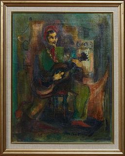 R Kent, "Portrait of a Guitar Player," 20th c., oil on canvas, signed indistinctly on bottom, presented in a gilt frame, H.- 17 5/8 in., W.- 13 1/2 in