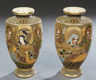 Pair of Satsuma Baluster Earthenware Vases, c. 1900, of tapering form, with gilt and moriage figural decoration, H.- 12 in., Dia. 6 1/2 in.