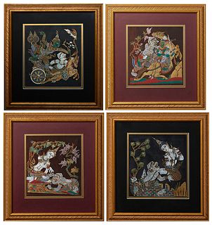 Four Siamese Batik Prints, 20th c., of figures and animals, presented in gilt relief frames, H.- 10 7/8 in., W.- 9 7/8 in. (4 Pcs.) Provenance: Proper