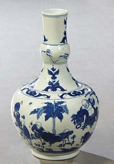 Chinese Blue and White Porcelain Baluster Vase, 20th c., the tall knopped neck over landscape and figural decorated sides, the underside with concentr