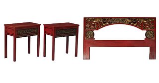 Group of Three Chinese Pieces, consisting of a polychromed and parcel gilt headboard of rectangular form, featuring an arched panel with figural and f