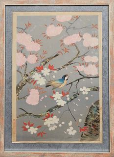 Ohno Bakufu (Japanese, 1888-1976), "Bird in the Cherry Blossoms," 20th c., woodblock print and watercolor on paper, signed lower right, with a Japanes