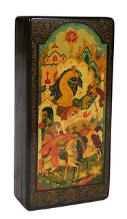 Russian Black Lacquer Dresser Box, 20th c., with scenes of a king and his horsemen, H.- 1 1/2 in., W.- 6 1/2 in., D.- 3 1/8 in.