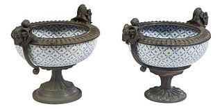 Pair of Louis XVI Style Bronze Mounted Porcelain Center Bowls, 20th c., the reeded rim with relief rams head handles, on a reeded socle support to a c