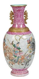 Japanese Porcelain Baluster Vase, 20th c., the everted rim above a neck with applied Foo dragon handles, over sides painted with battling warriors on 