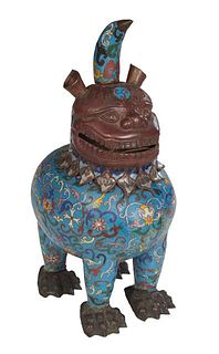 Unusual Chinese Bronze Cloisonne Horned Dragon Censer, 20th c., with bronze paw feet, and a removable head, H.- 14 1/4 in., W.- 6 1/2 in., D.- 7 1/2 i