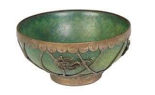Chinese Silver Mounted Green Jade Bowl, 19th c., the exterior with silver mounts on the rim and foot, joined by beaded bands, punctuated by two relief