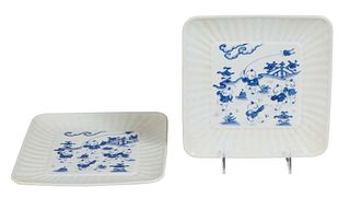 Pair of Chinese Blue and White Square Porcelain Plates, 20th c, decorated with children at play, the underside with a six character blue underglaze ma