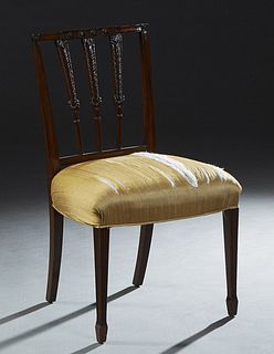 English Carved Mahogany Hepplewhite Side Chair, 19th c., the stepped crest rail over three arrow carved vertical spindles, to a cushioned seat, on tap