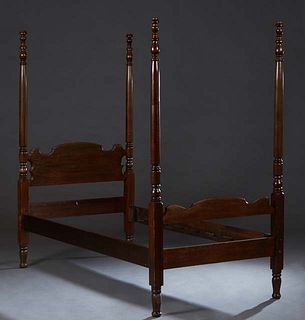 American Four Post Carved Mahogany Convent Bed, 19th c., the arched head and foot boards supported by turned posts, on wood rails, H.- 74 in., Int. W.