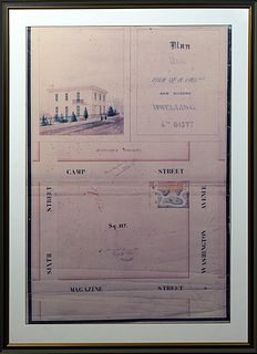 Color Copy of a 19th c. New Orleans Real Estate Plan, for a property on Washington Avenue, in the fourth district, presented in a gray and black frame