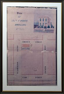 Color Copy of a 19th c. New Orleans Real Estate Plan, for a house on Chestnut Street, in the fourth district, presented in a gray and black frame with