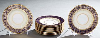 Set of Eleven Minton Porcelain Saucers, early 20th c., made for Tiffany & Co., with gilt rims around gilt decorated cobalt banding, H.- 5/8 in., Dia.-