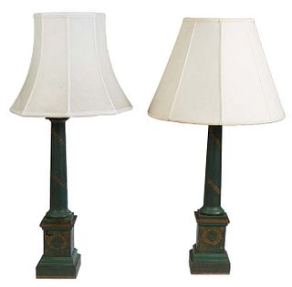 Pair of Green Tole Columnar Table Lamps, 20th c., with gilt decoration, on a stepped square base, H.- 22 in., W.- 5 1/4 in., D.- 5 1/4 in.