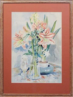 Alice Nicholson Seacord (American), "Still Life of Lilies," 20th c., watercolor on paper, signed lower right, presented in a burnt orange mat and wood