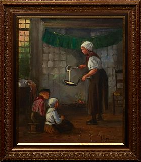 Dutch School, "Mother and Children in the Kitchen," 20th., signed indistinctly lower right, presented in a gilt frame, H.- 23 1/8 in., W.- 19 1/8 in.,