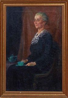 American School, "Older Lady Drinking Tea," 20th c., oil on canvas, unsigned, presented in a gilt frame, H.- 20 1/4 in., W.- 13 1/4 in., Framed H.- 23