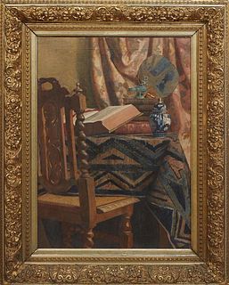 Continental School, "Still Life with Tome and Chi Rho Oil Lamp," 19th c., oil on canvas, unsigned, presented in a gilt frame, H.- 28 in., W.- 19 3/4 i