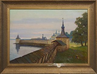 German Iakovlevich Demin (Russian, 1924-), "View of Novgorod Kremlin," 1989, oil on canvas laid to board, initialed "JD" and dated lower right, presen