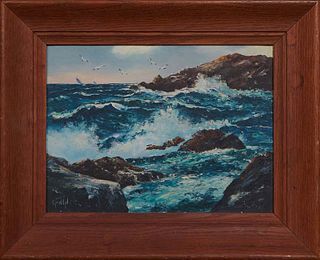 Charles Faunce (Maine), "Coastal Scene," early 20th c., oil on canvas board, signed lower left, presented in a wood frame, H.- 10 1/4 in., W.- 13 3/8 