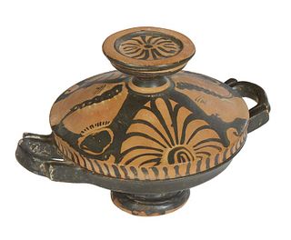 Ancient Greece (Apulia), Redware Lekanis (cosmetic jar) 4th century BC, the lid decorated with female heads, the handle of the lid with painted star a