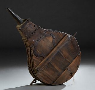 French Carved Beech Leather and Iron Blacksmith's Bellows, 19th c., H.- 43 in., W.- 36 in., D.- 11 in.