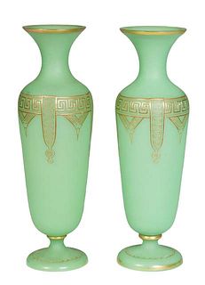 Pair of Bohemian Gilt Decorated Green Frosted Glass Baluster Vases, early 20th c., the everted rim on a tapering neck, over a body with geometric gilt