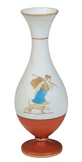 French Blown and Hand-Painted Opaline Vase, late 19th c., in the Neo-Grec style, each side decorated with a portrait of Diana the Huntress, on a red s