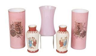 Group of Five Art Glass Vases, 19th and 20th c., consisting of a waisted pink example; a pair of pink cased glass cylindrical examples with gilt and e